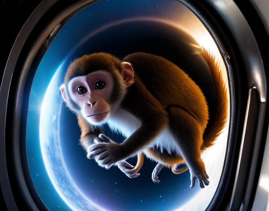 Monkey Observing Space Through Pod Window