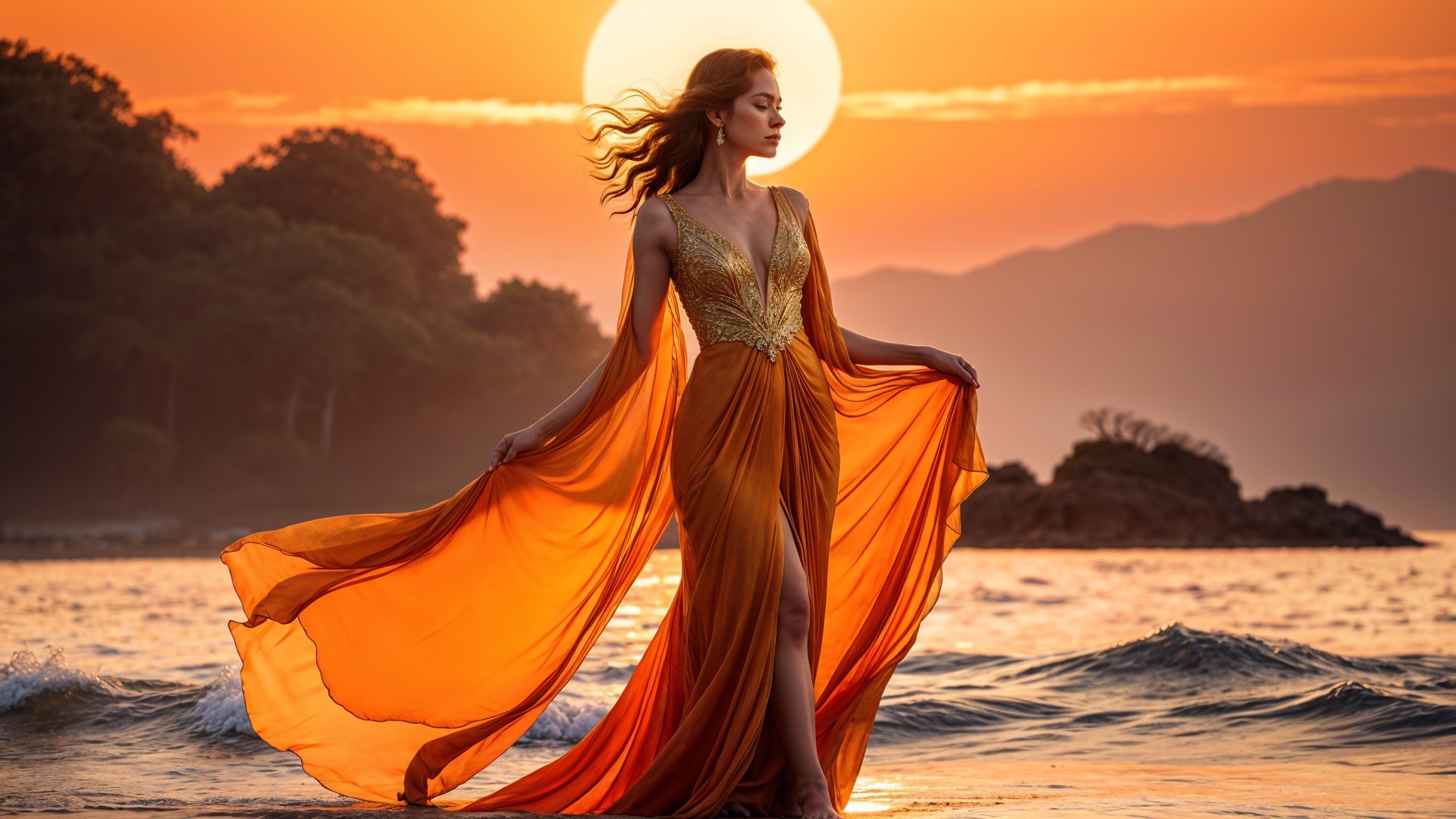 Woman in orange gown by the shore at sunset