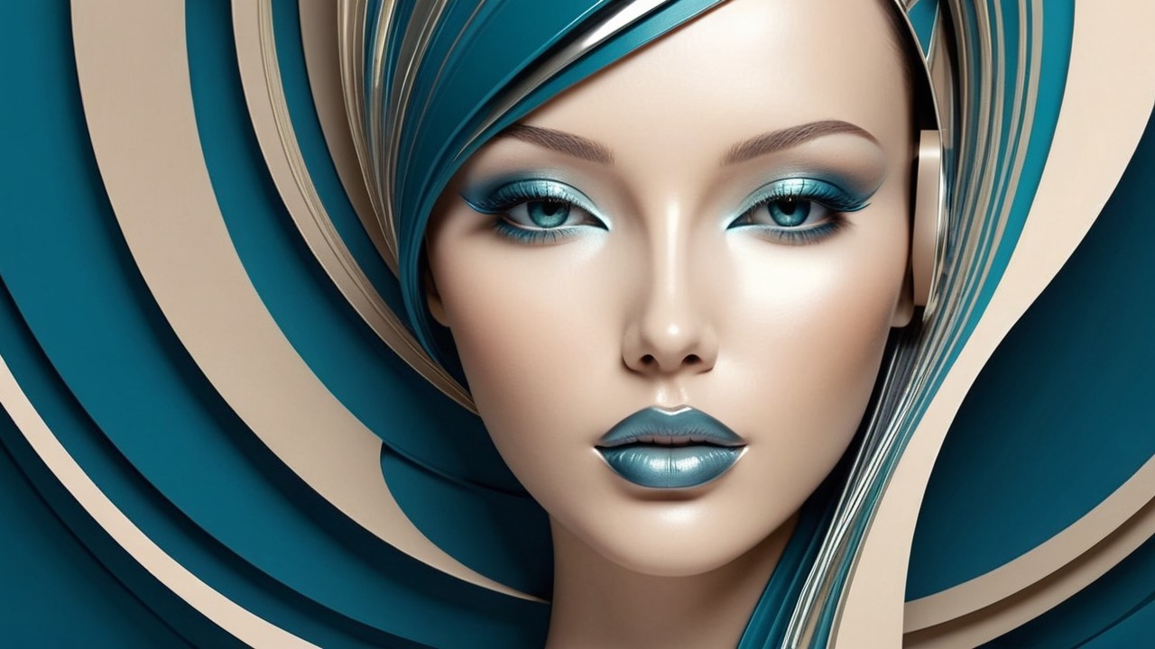 Stylized Female Face with Bold Makeup and Blue Background