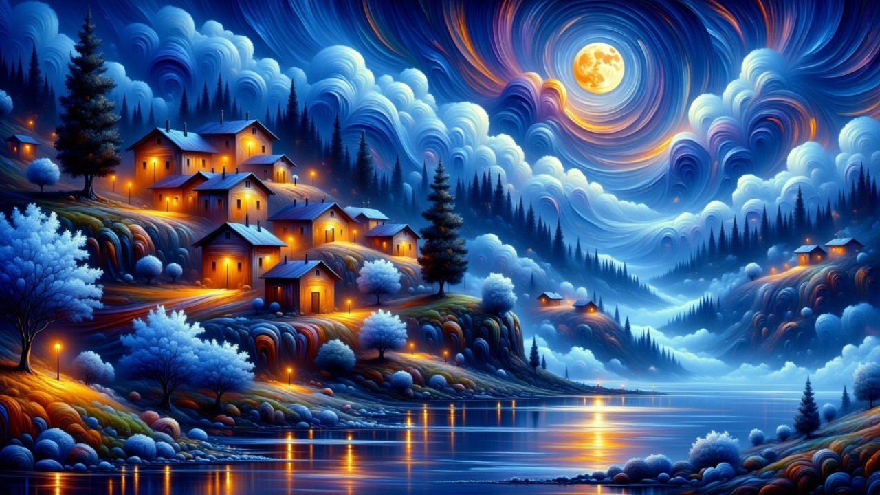 Serene Night Landscape with Village and Full Moon