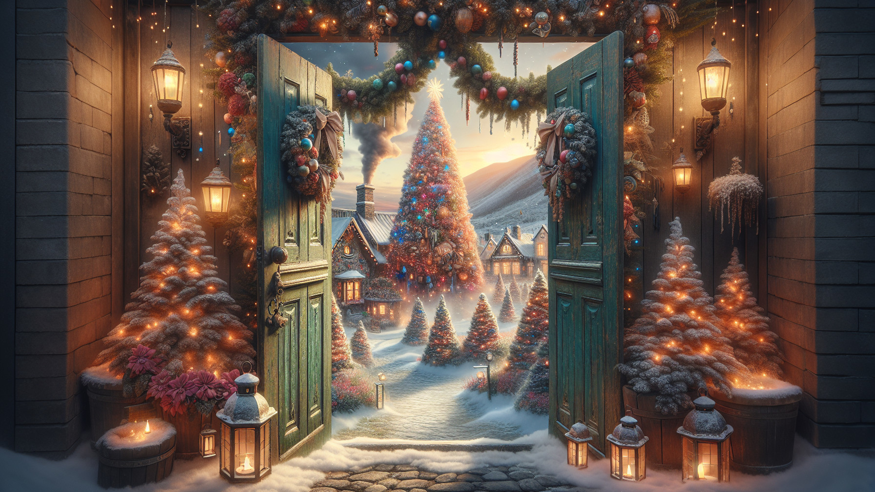 Winter Holiday Scene with Decorated Tree and Cottages