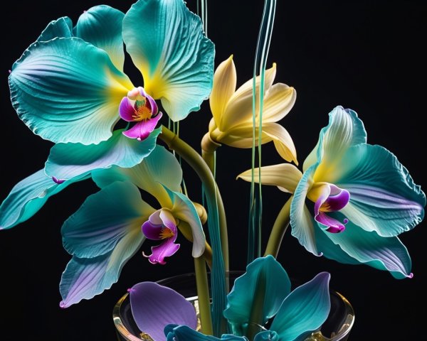 Floral Artwork with Turquoise and Purple Orchids