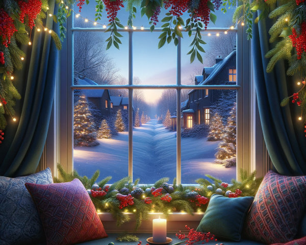 Cozy Winter Scene with Decorated Window View