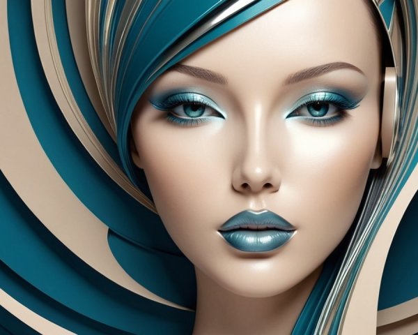 Stylized Female Face with Bold Makeup and Blue Background