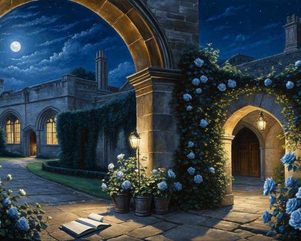 Elegant Stone Archway with Blue Roses at Night