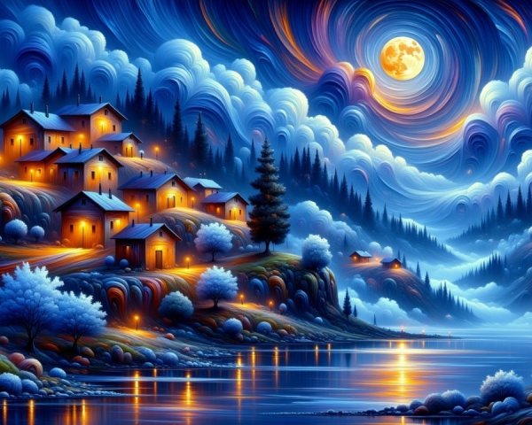 Serene Night Landscape with Village and Full Moon