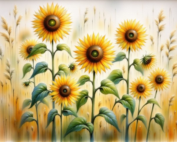 Vibrant Sunflower Illustration in Warm Sunlit Field