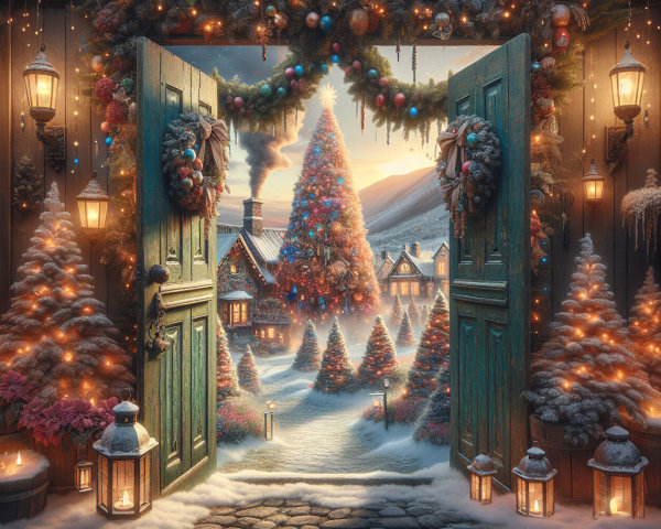 Winter Holiday Scene with Decorated Tree and Cottages