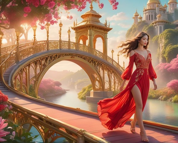 Graceful Woman in Red Gown on Scenic Wooden Bridge