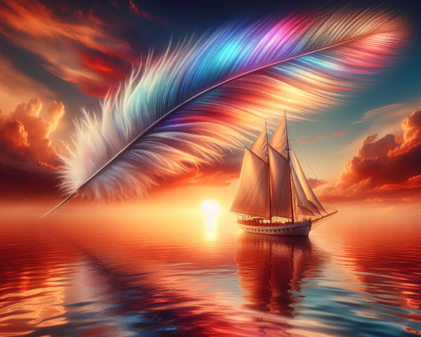 Serene Sunset with Sailboat and Iridescent Feather