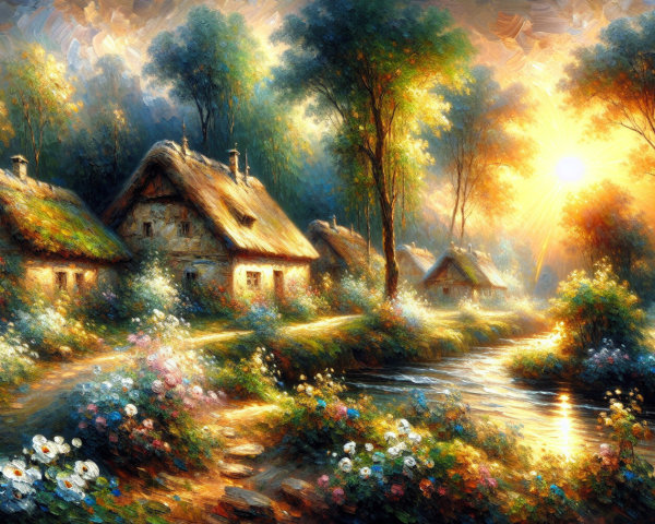 Tranquil Countryside Scene with Cottages and Stream