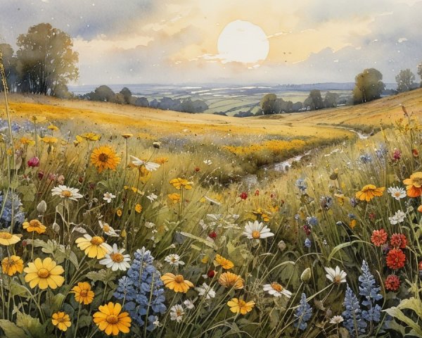 Sunset Landscape with Wildflowers and Rolling Hills