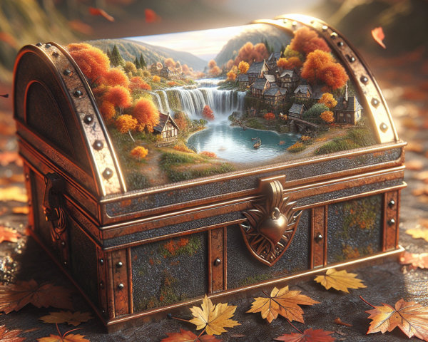 Ornate Treasure Chest Surrounded by Autumn Leaves