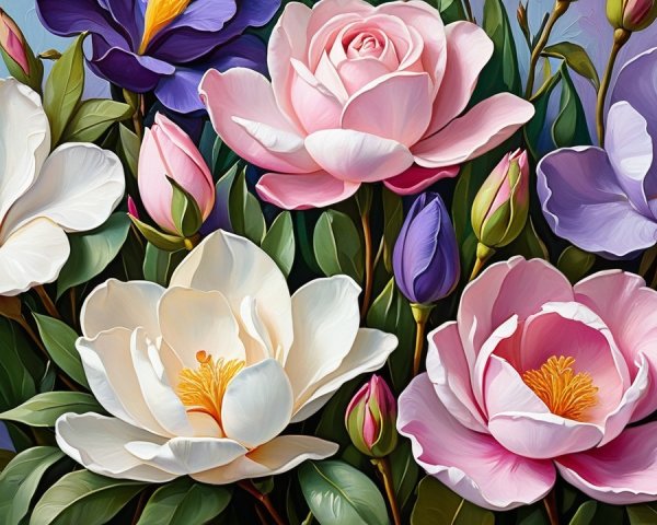 Vibrant Arrangement of Blooming Magnolias and Leaves