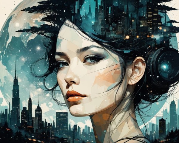 Futuristic Portrait of a Woman in Urban Moonlight