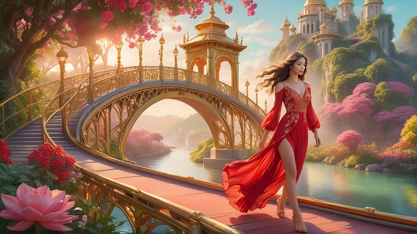 Graceful Woman in Red Gown on Scenic Wooden Bridge