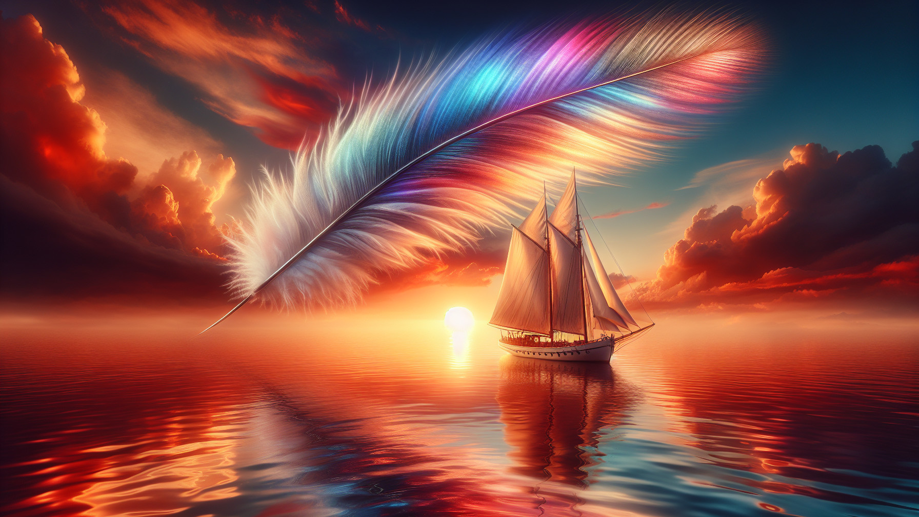 Serene Sunset with Sailboat and Iridescent Feather