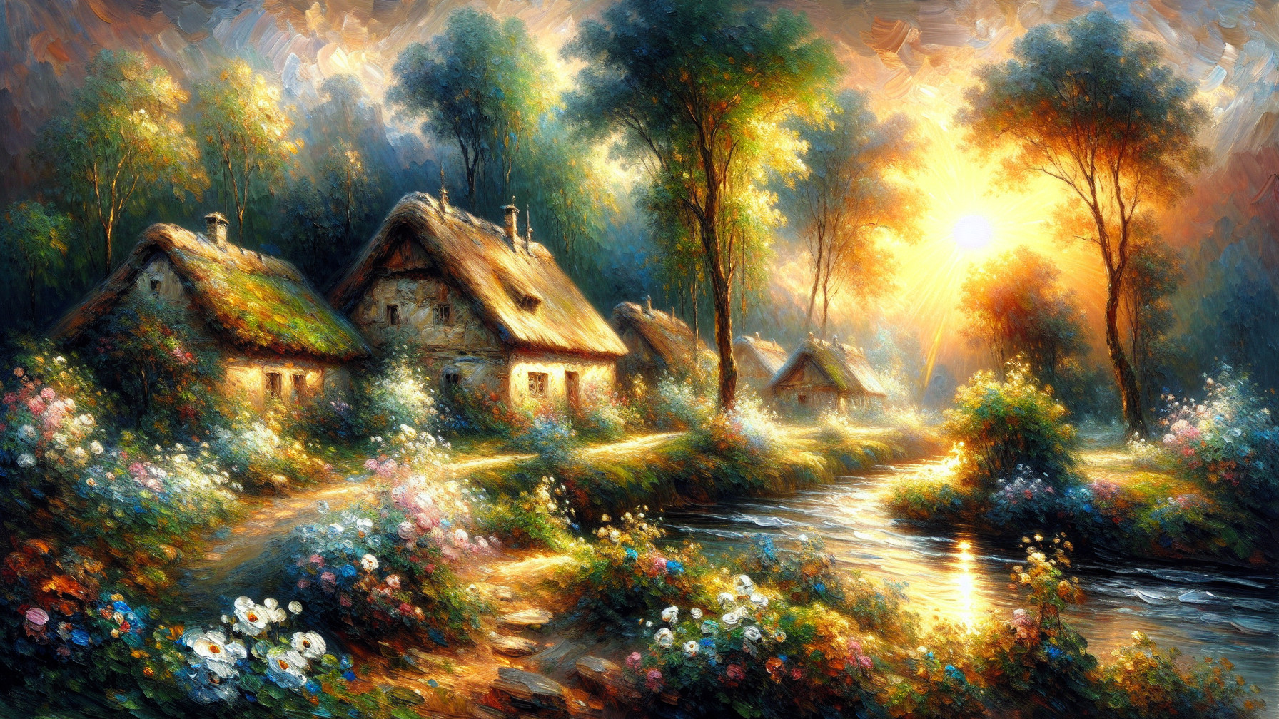 Tranquil Countryside Scene with Cottages and Stream