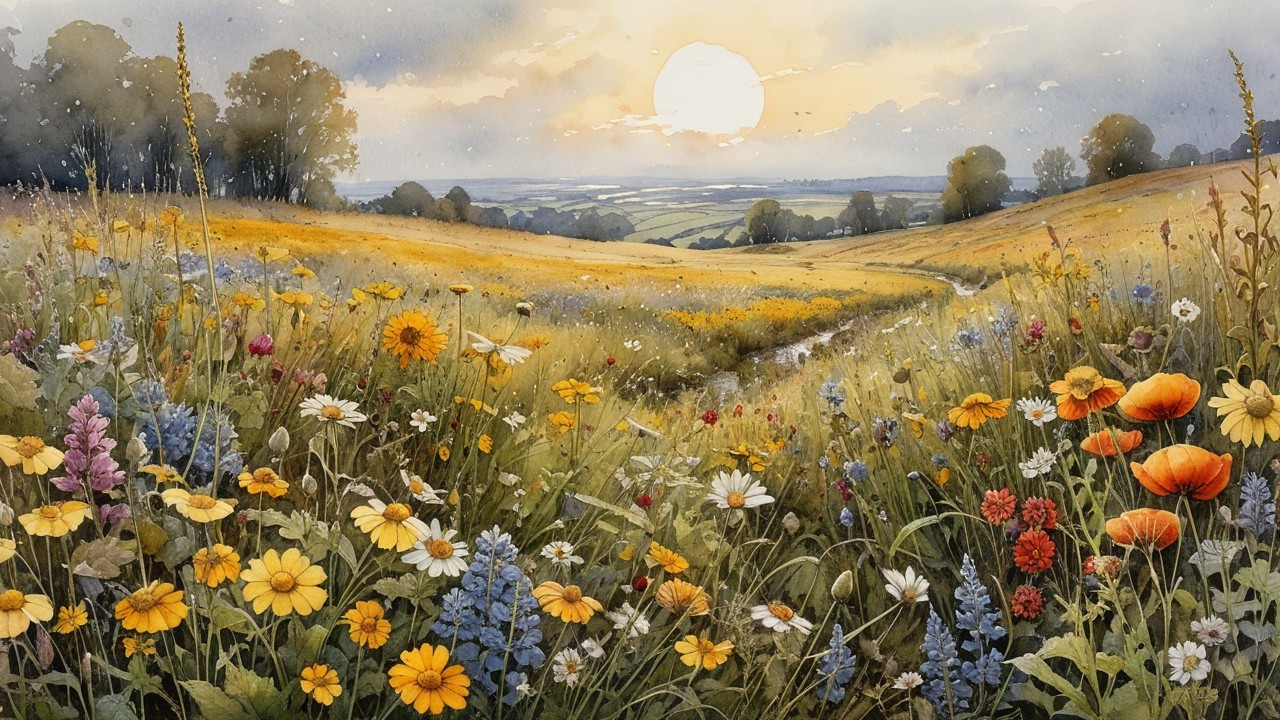 Sunset Landscape with Wildflowers and Rolling Hills