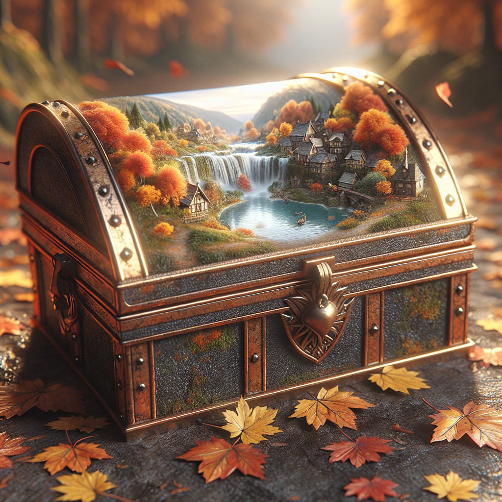 Ornate Treasure Chest Surrounded by Autumn Leaves