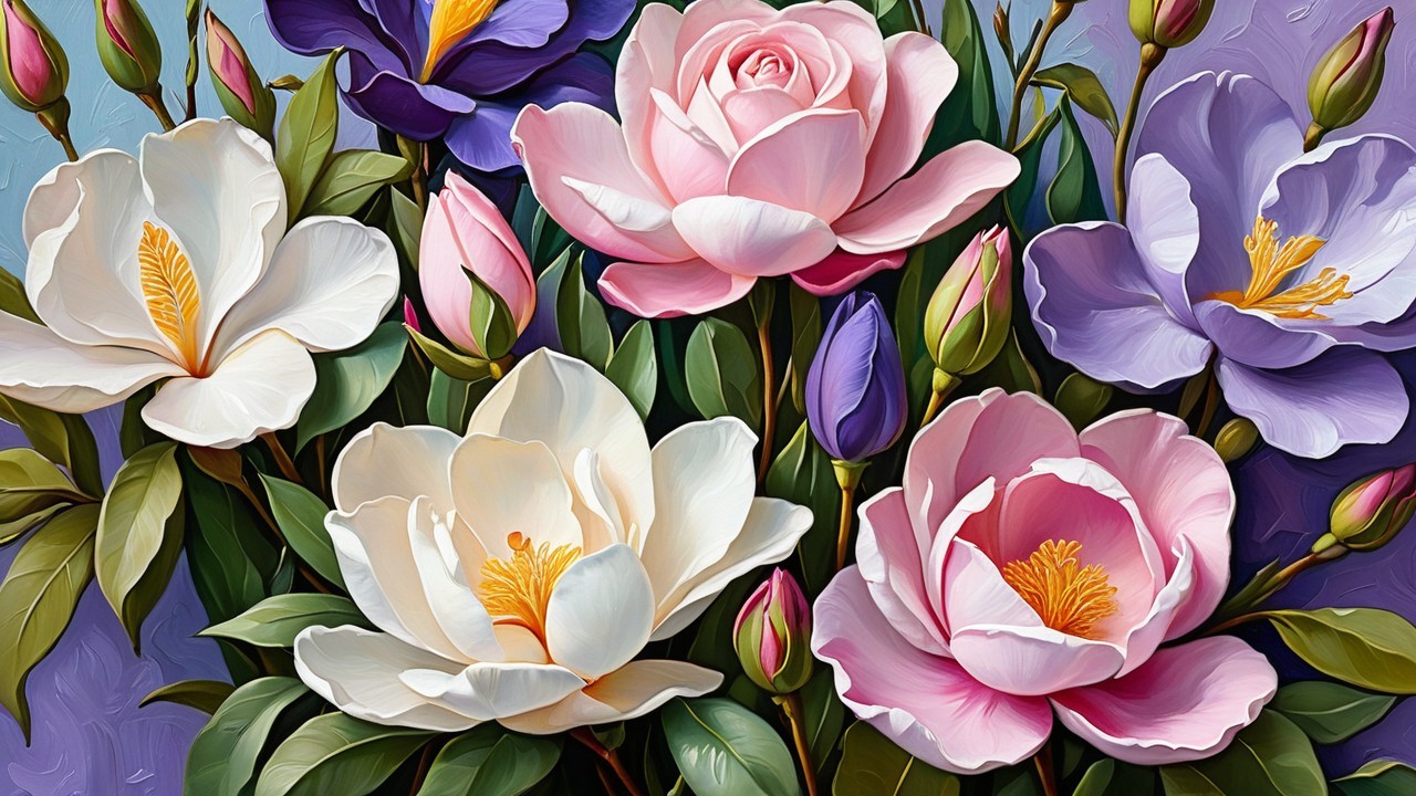 Vibrant Arrangement of Blooming Magnolias and Leaves