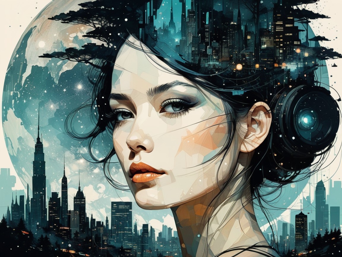 Futuristic Portrait of a Woman in Urban Moonlight