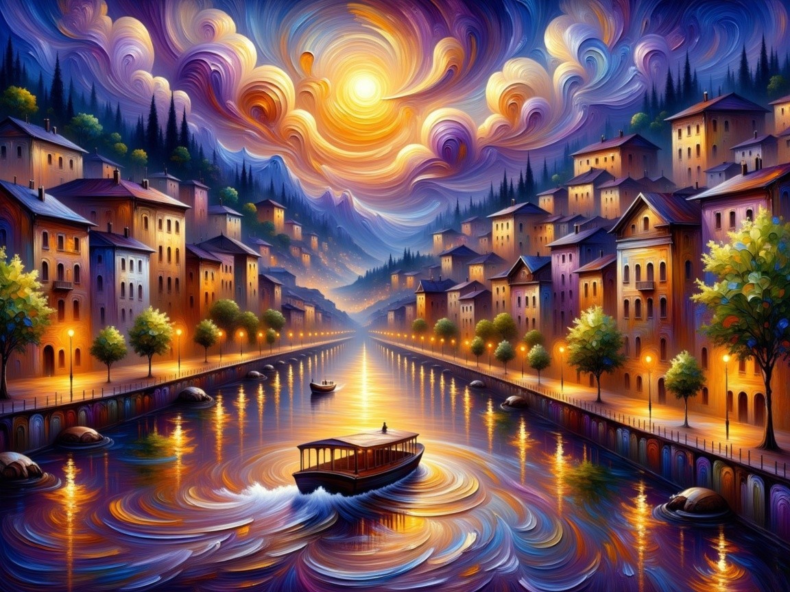 Vibrant sunset over a serene river with charming houses