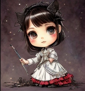 Chibi-style Girl in Victorian Dress with Paintbrush