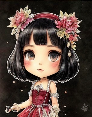 Illustrated Character in Maroon Dress with Floral Hairpieces