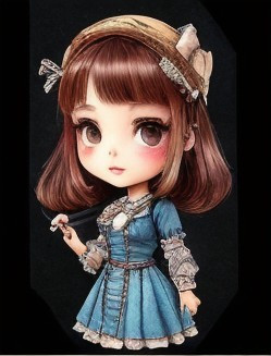 Stylized doll with expressive eyes and vintage dress