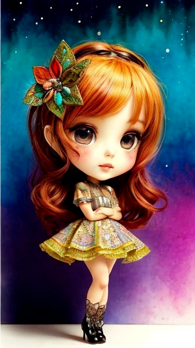 Charming doll with auburn hair and vibrant dress