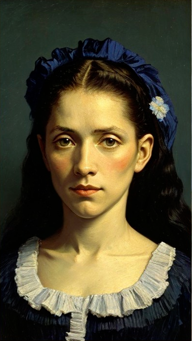 Young woman in dark blue dress with ruffled collar