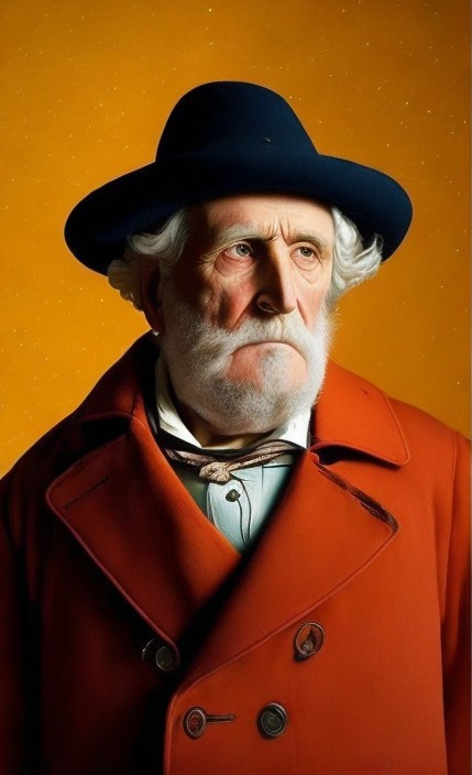 Elderly Man in Blue Hat and Orange Coat with Beard