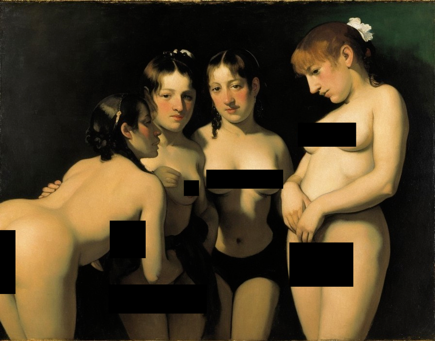 Classical Painting of Four Women in Intimate Gathering