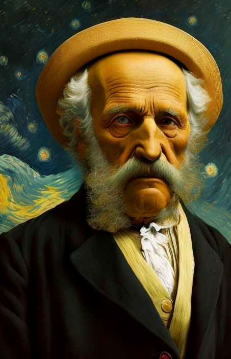 Elderly Man in Formal Outfit Against Starry Background