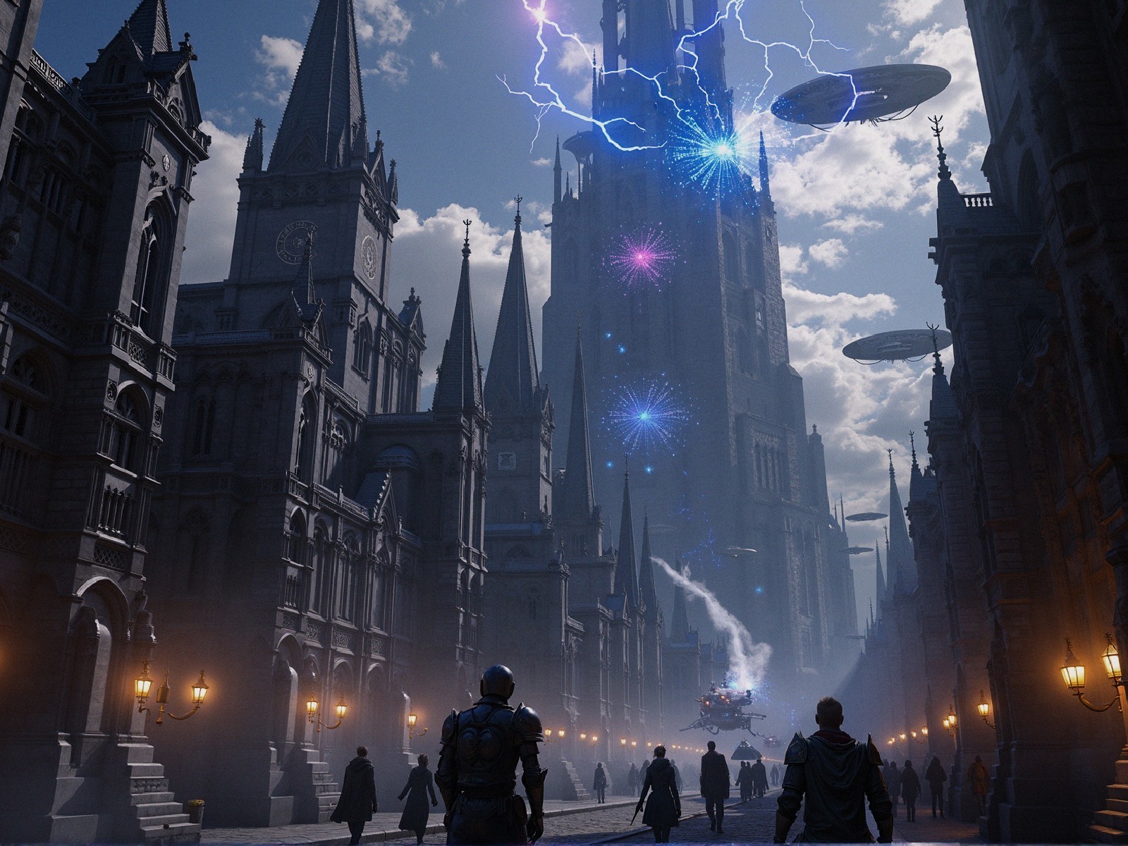 Gothic Architecture and Futuristic Spacecraft in Storm