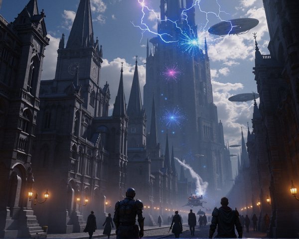 Gothic Architecture and Futuristic Spacecraft in Storm