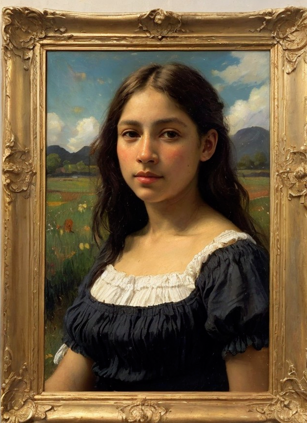Young girl in blue dress in vibrant rural landscape