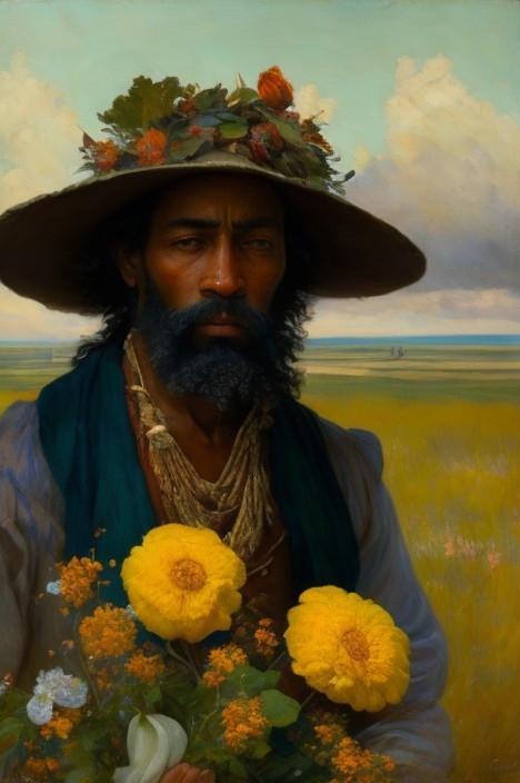 Solemn Man in Vibrant Meadow with Yellow Flowers