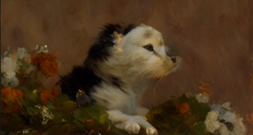 Serene Portrait of a Fluffy Dog with Flowers