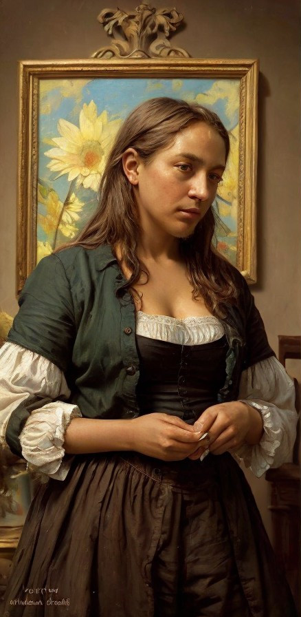 Young Woman in Dark Green Jacket with Sunflower Painting