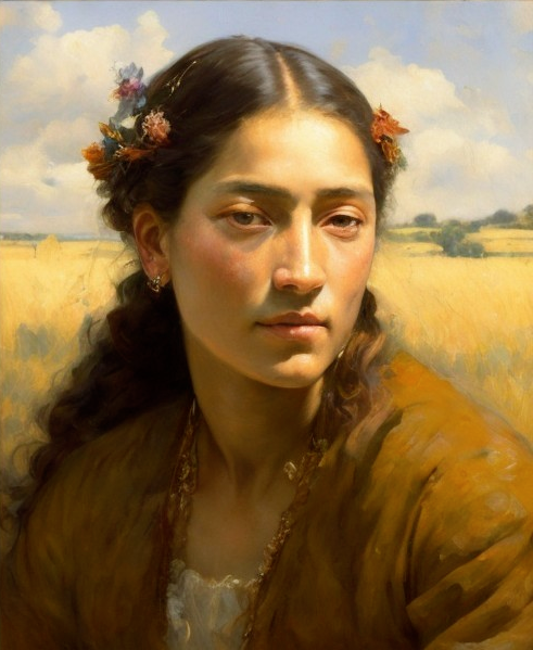 Young woman with flowers in hair in serene landscape
