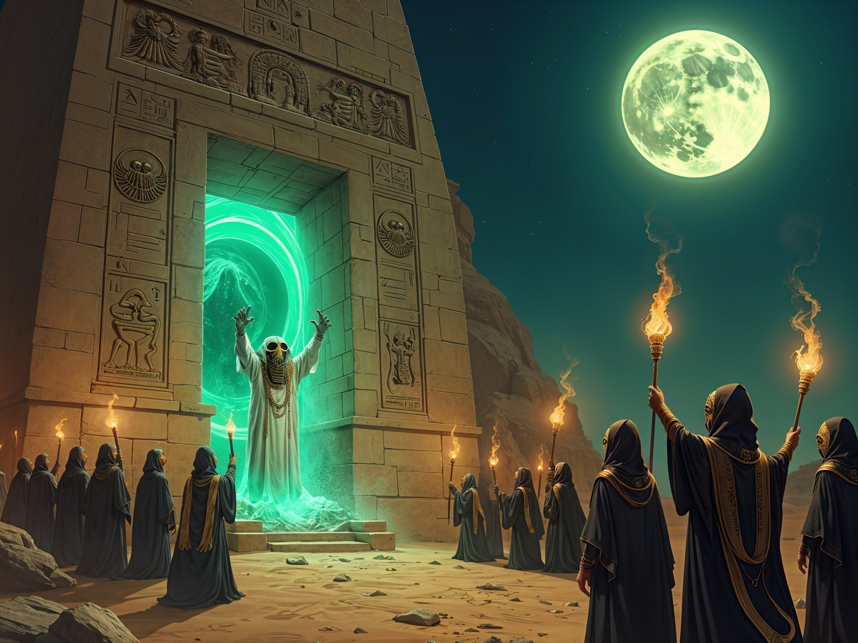 Mystical Desert Scene with Hooded Figures and Portal