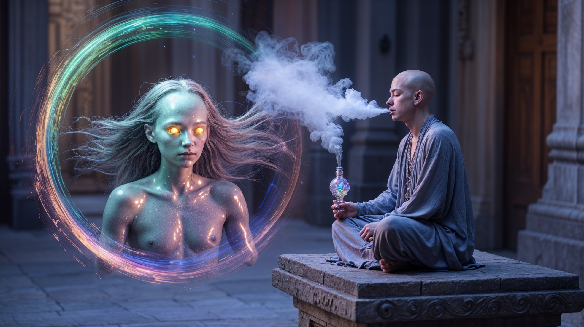 Bald Figure Meditates with Ethereal Female in Mystical Setting
