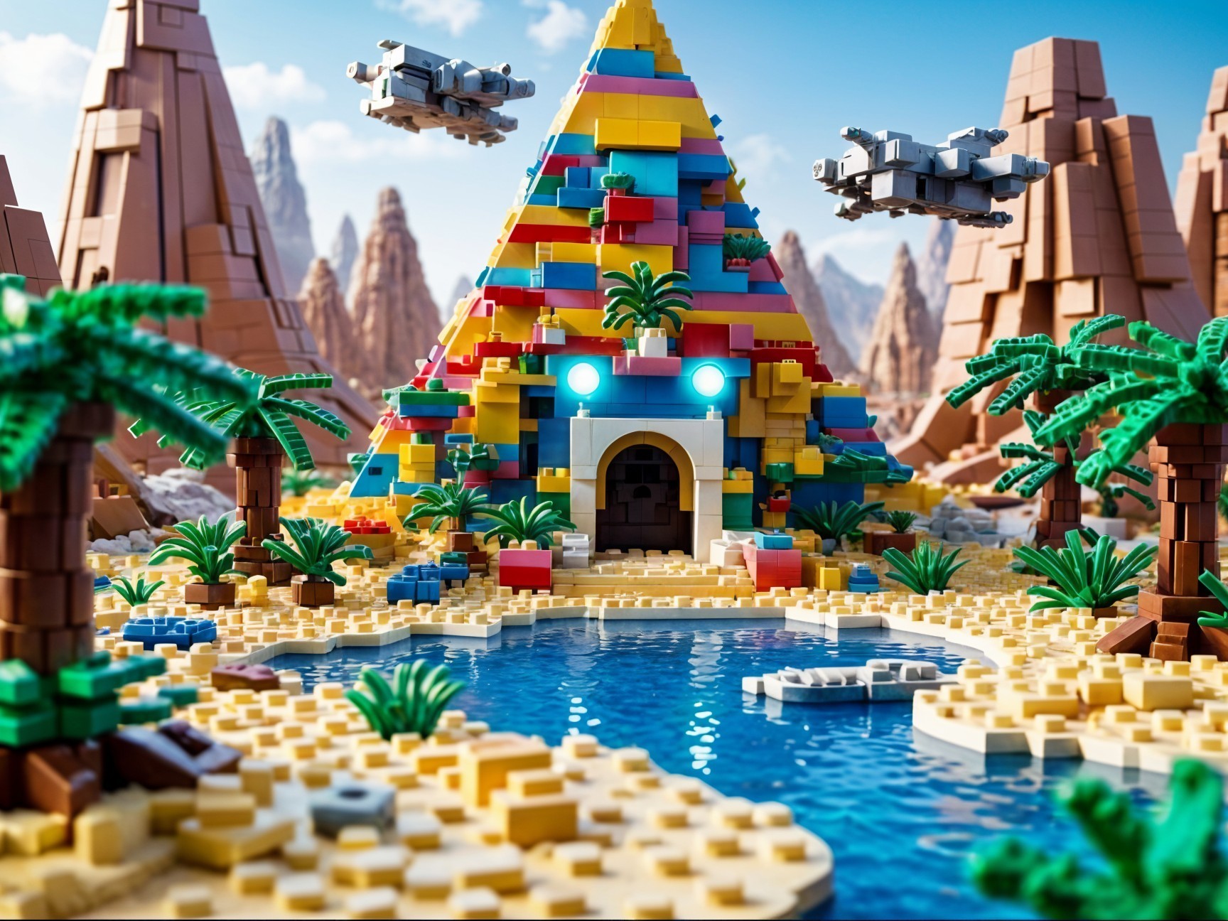 Colorful LEGO Pyramid Scene with Palm Trees and Pool