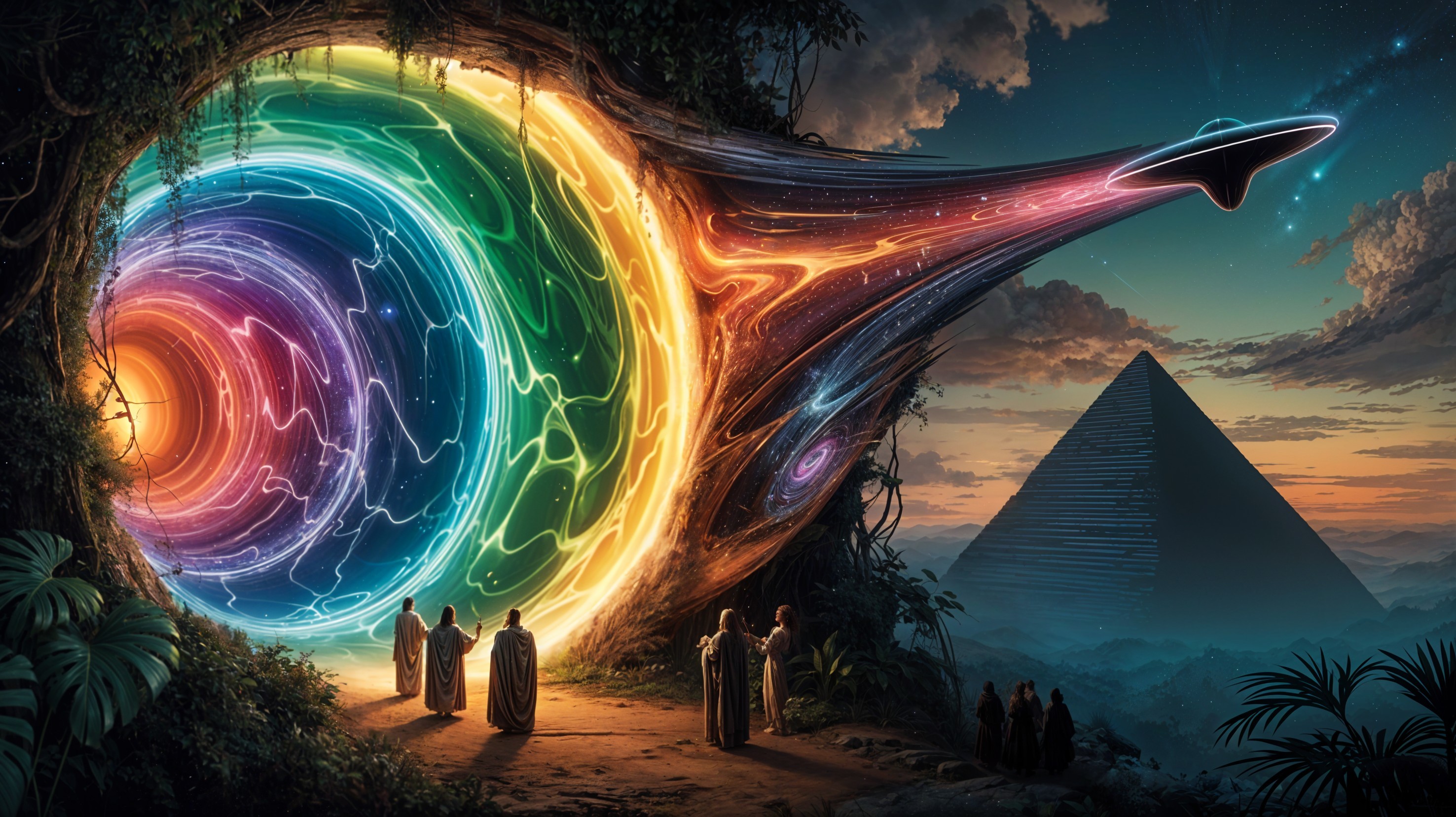 Vibrant Portal and Futuristic Landscape with Pyramid