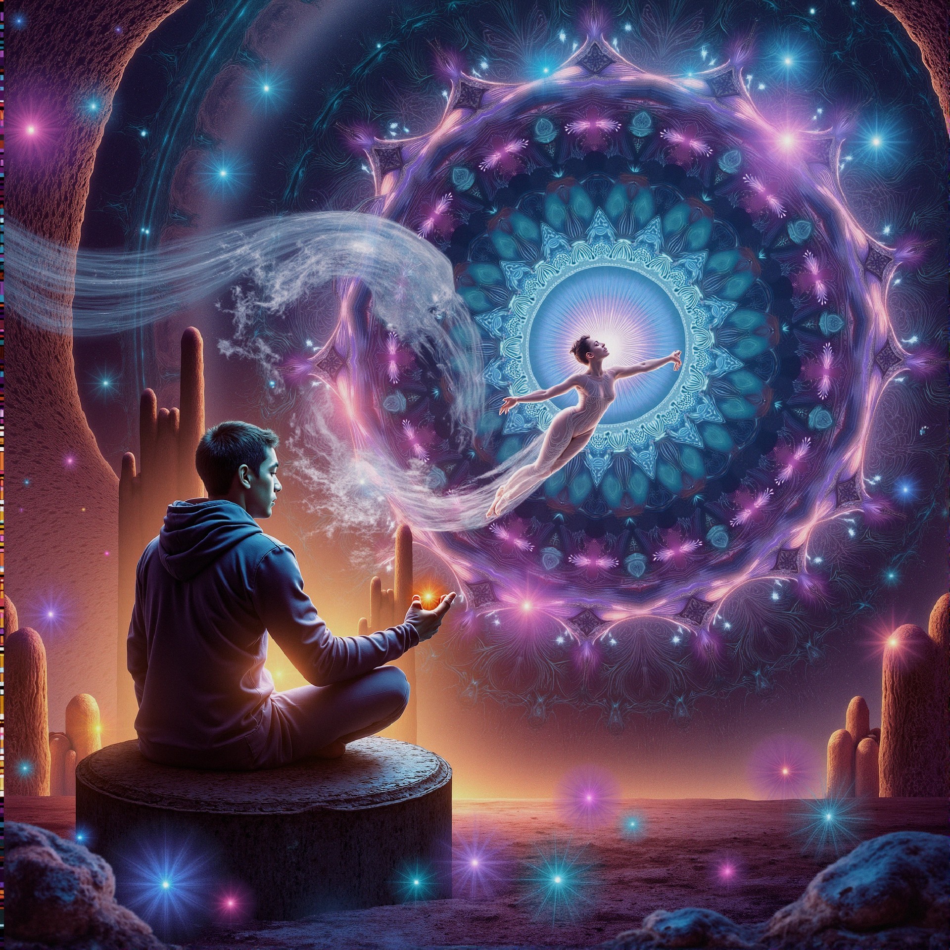 Mystical Underground Realm with Glowing Orb and Mandala