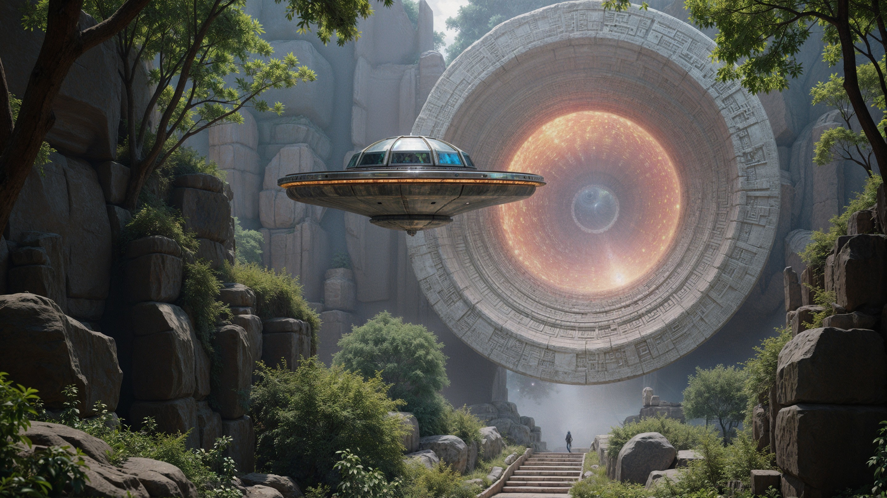 Futuristic spacecraft near glowing portal in lush landscape