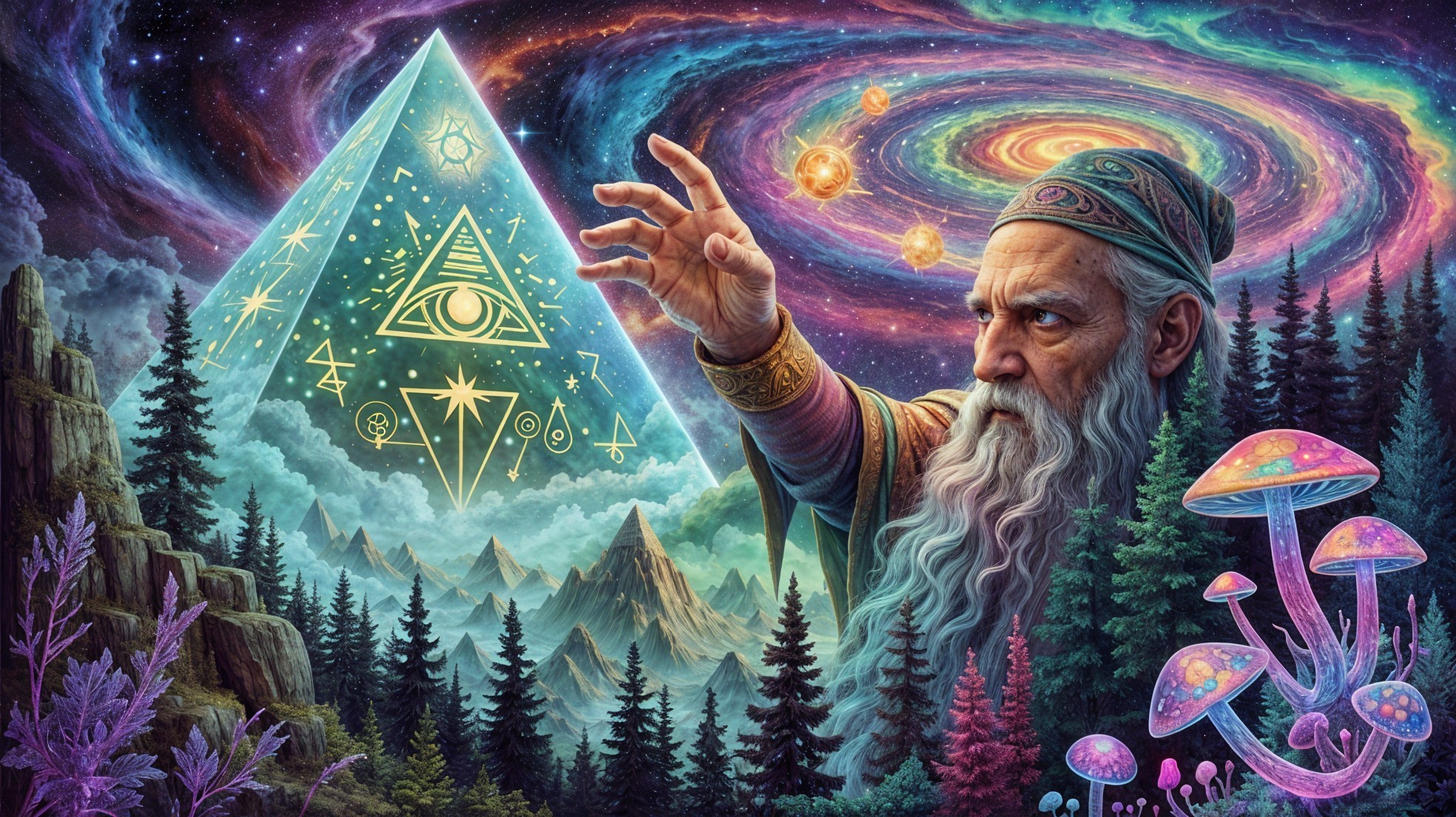 Ancient Figure in Robe with Glowing Pyramid and Cosmos