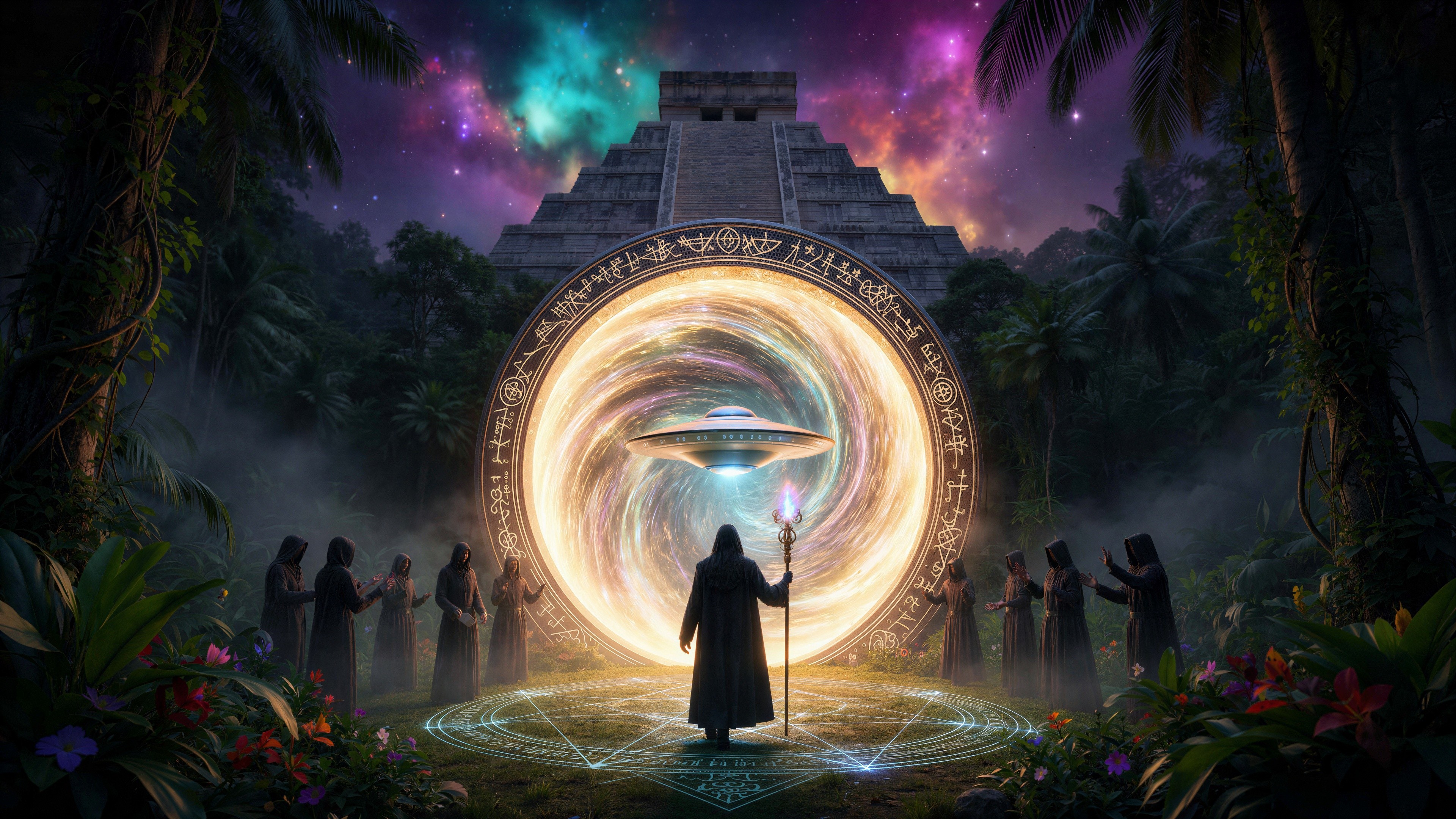 Golden Portal Surrounded by Runes and Ceremonial Figures